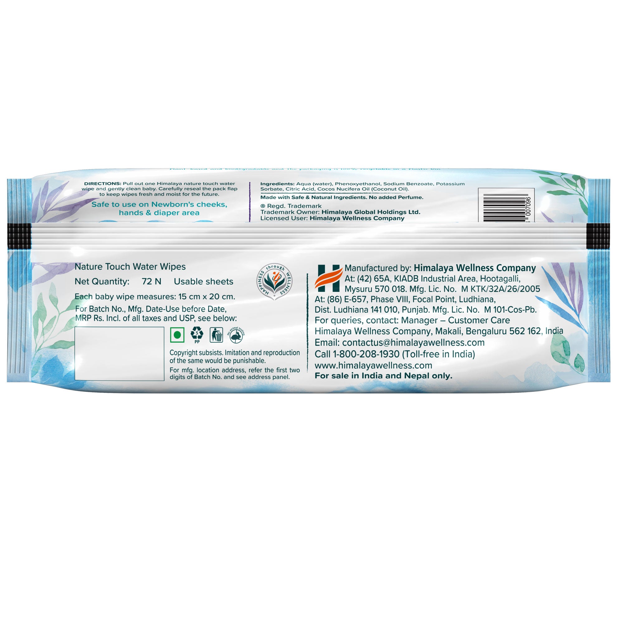 Himalaya Nature Touch Water Wipes 72s Back