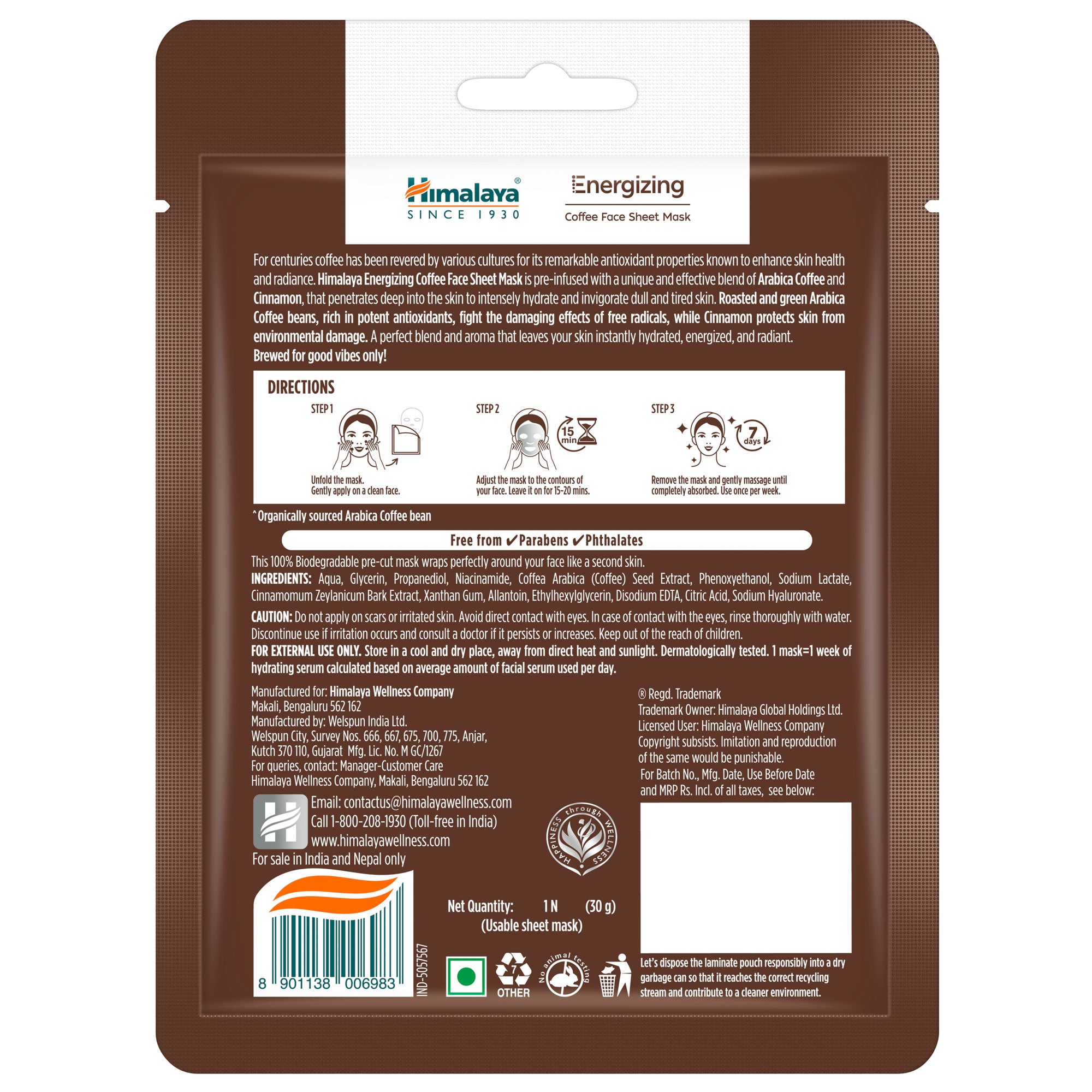 Himalaya Energizing Coffee Sheet Mask - 30g BOP