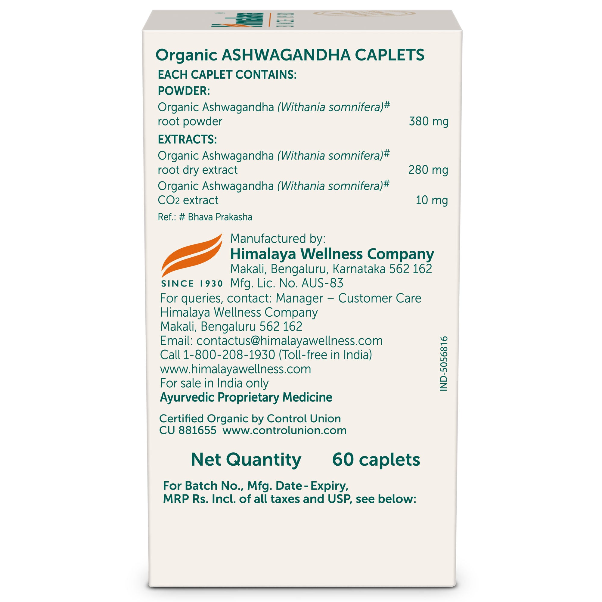 Himalaya Organic Ashwagandha 60 Caplets Ingredients