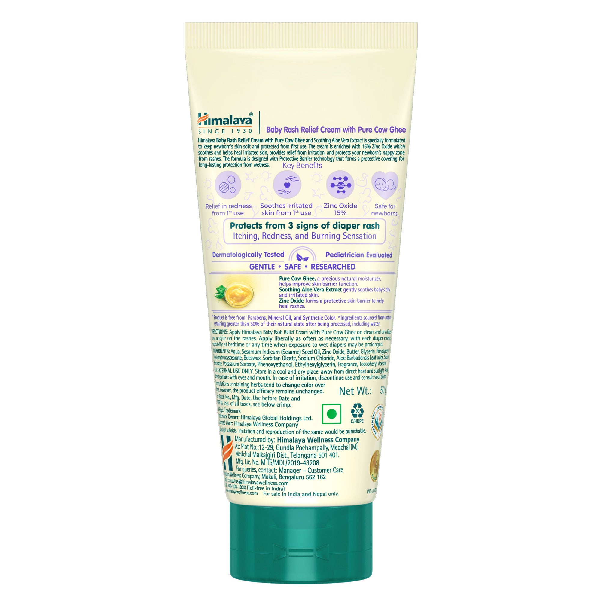 Himalaya Baby Rash Relief Cream with Pure Cow Ghee 50g Tube Back