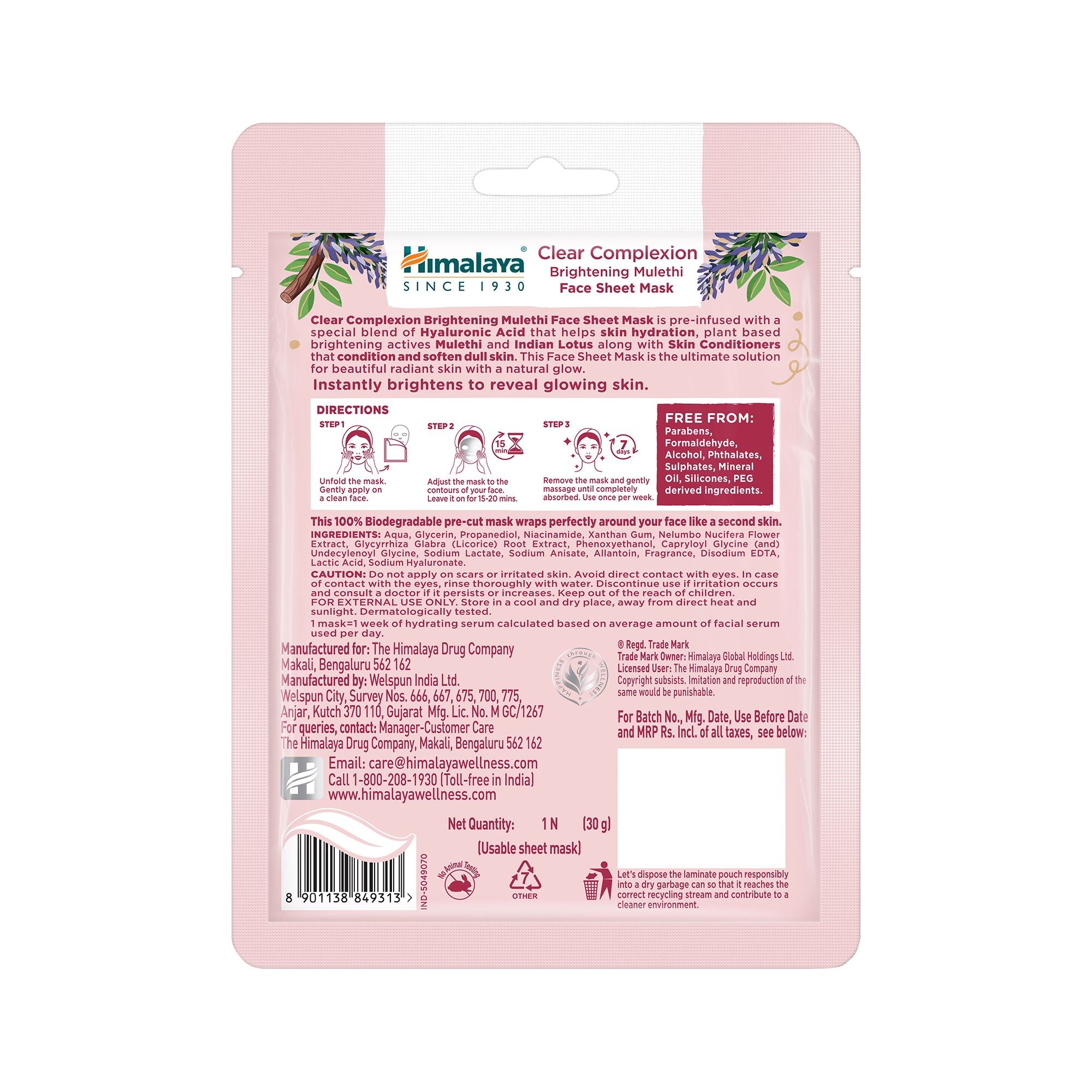 Himalaya Clear Complexion Brightening Mulethi Face Sheet Mask Ingredients