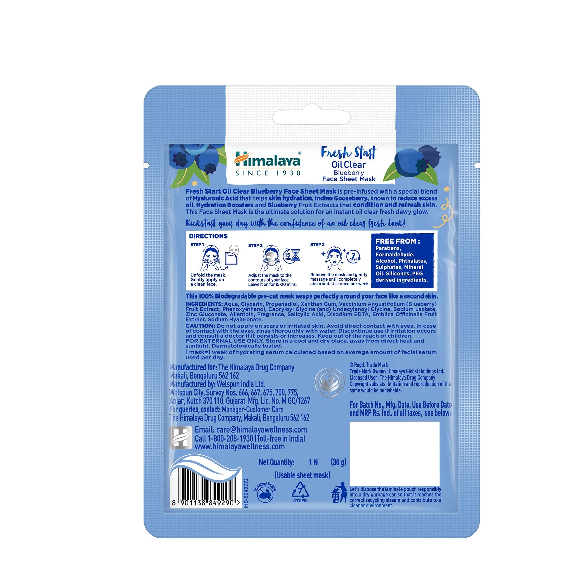 Himalaya Fresh Start Oil Clear Blueberry Face Sheet Mask Ingredients